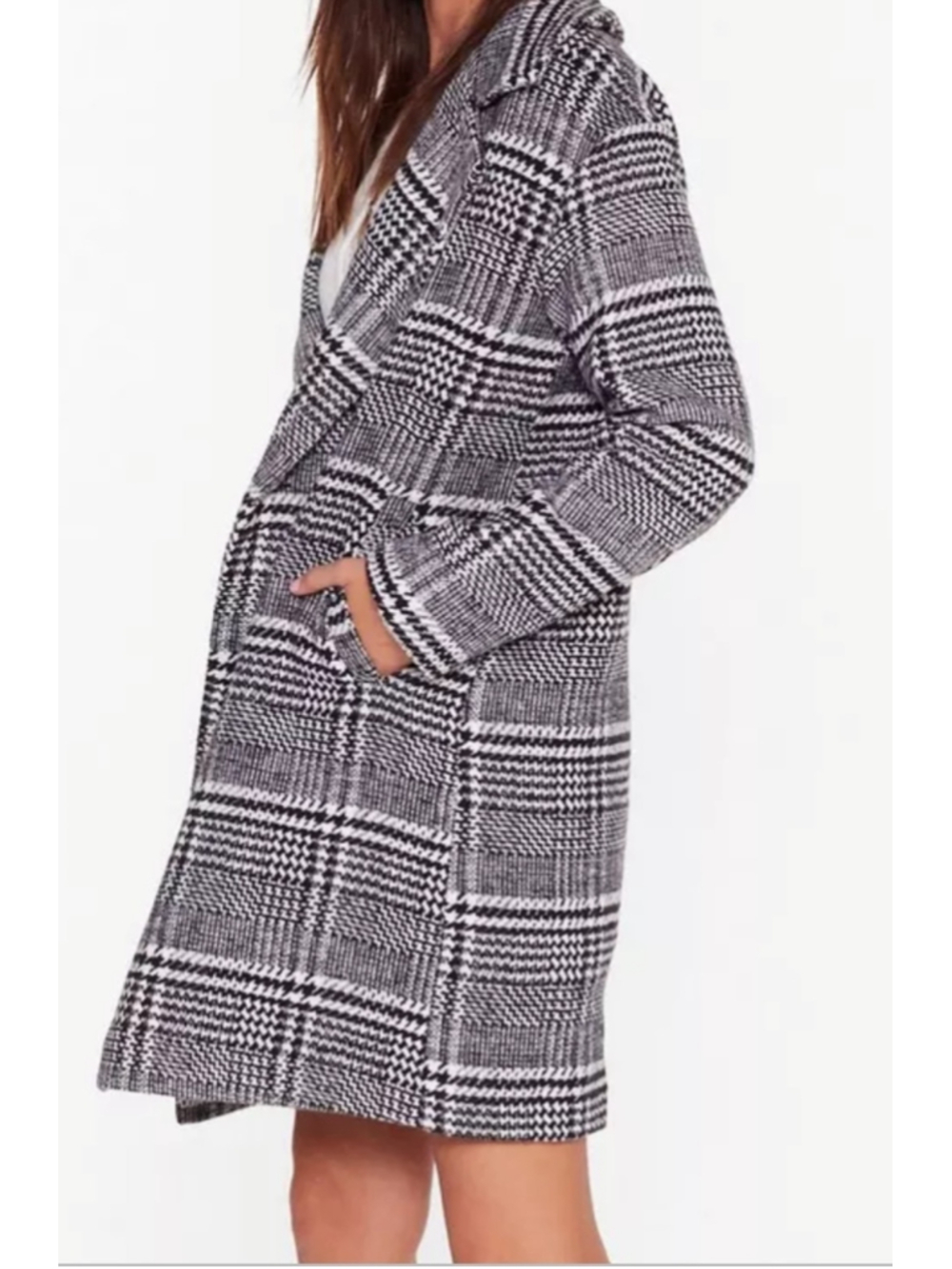 Nasty Gal Collection L Black White Plaid Double Breasted Coat Oversized Longline - Picture 2 of 13